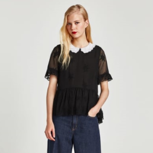 Zara Tops - Zara Black Embroidered Short Sleeve Blouse